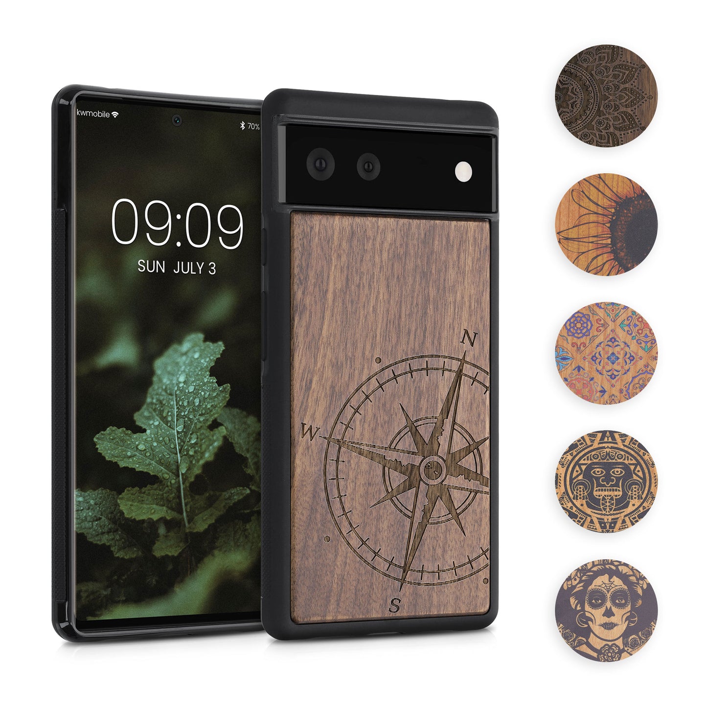 kwmobile Hülle kompatibel mit Google Pixel 6 Hülle - Holz Case - Handy Cover - TPU Handyhülle in Blau Weiß Braun Holz Japanische Welle Blau  [dsg06]
