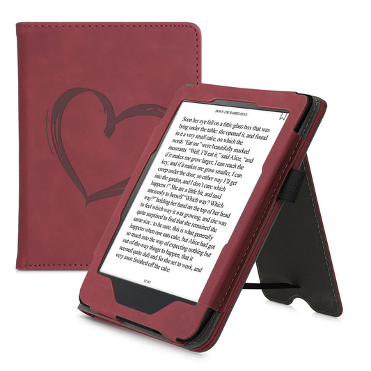 kwmobile Schutzhülle kompatibel mit Kobo Clara HD Flip Hülle - Cover mit Handschlaufe - Herz Brush Dunkelrot Dunkelrot  [dsg01]