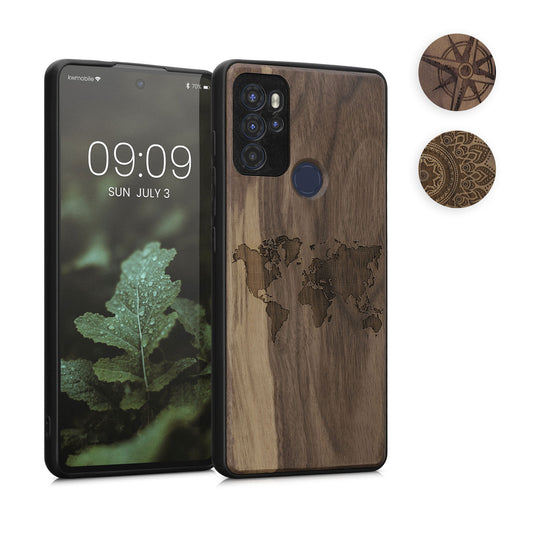 kwmobile Hülle kompatibel mit Motorola Moto G60S Hülle - Holz Case - Handy Cover - TPU Handyhülle in Dunkelbraun Kompass Vintage Dunkelbraun  [dsg01]