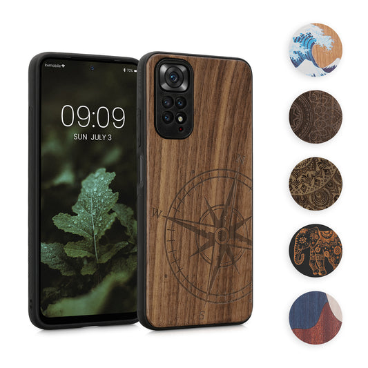 kwmobile Hülle kompatibel mit Xiaomi Redmi Note 11 / Note 11S Hülle - Holz Case - Handy Cover - TPU Handyhülle in Dunkelbraun Vintage Kompass mit Perlmutt Dunkelbraun  [dsg10]