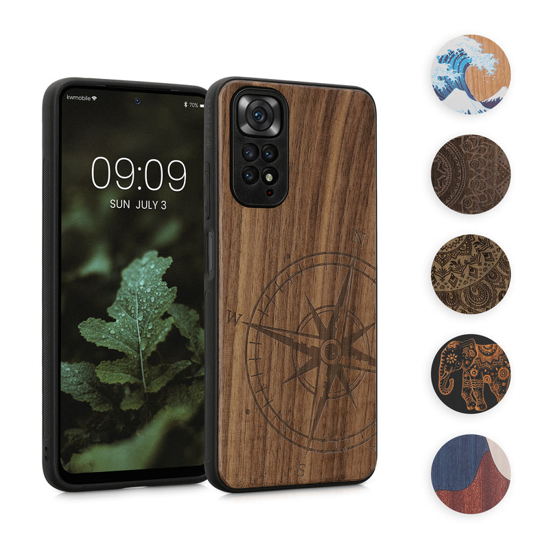 kwmobile Hülle kompatibel mit Xiaomi Redmi Note 11 / Note 11S Hülle - Holz Case - Handy Cover - TPU Handyhülle in Dunkelbraun Vintage Kompass mit Perlmutt Dunkelbraun  [dsg10]