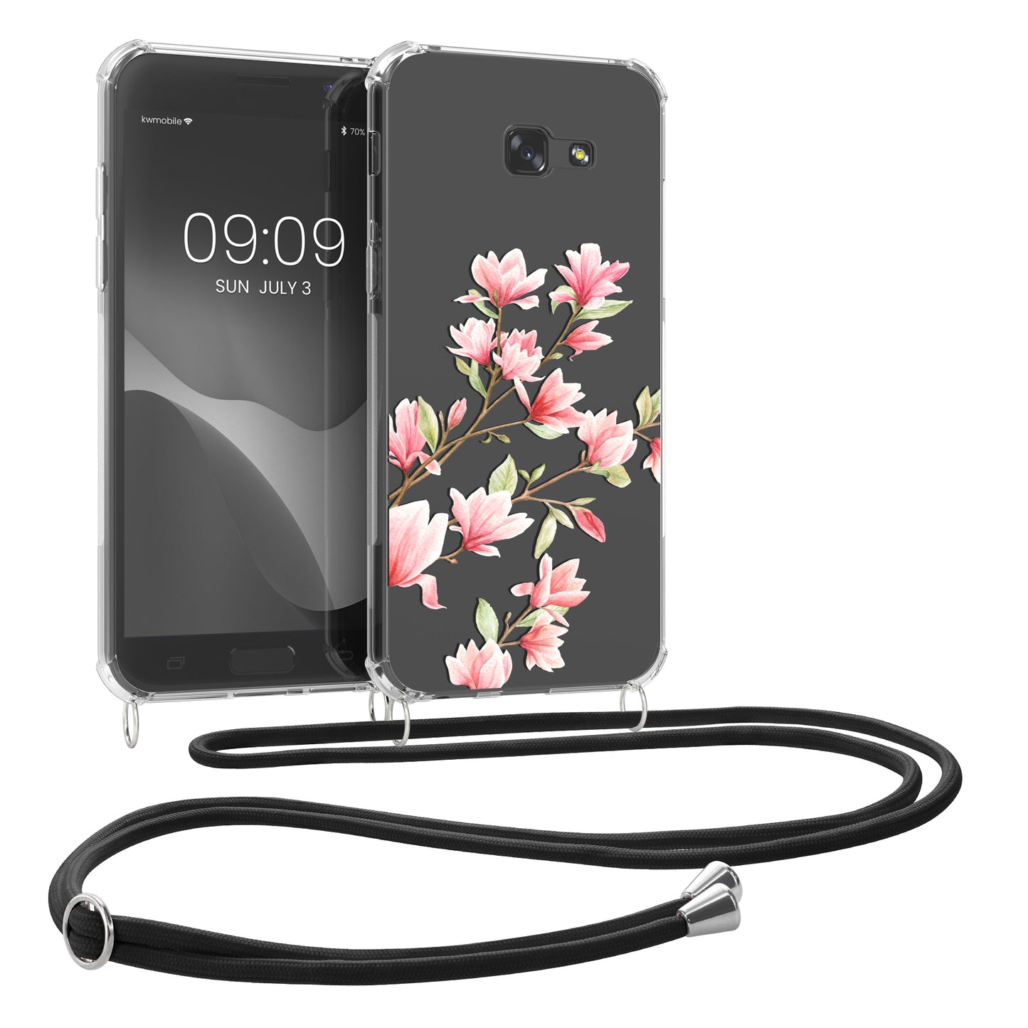 kwmobile Necklace Case compatible with Samsung Galaxy A5 (2017) - Silicone Cover with Phone Chain - Transparent Magnolias