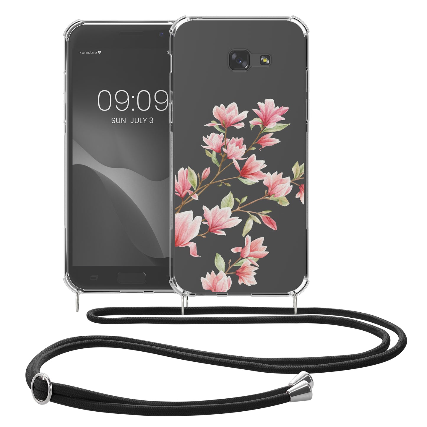 kwmobile Necklace Case compatible with Samsung Galaxy A5 (2017) - Silicone Cover with Phone Chain - Transparent Magnolias