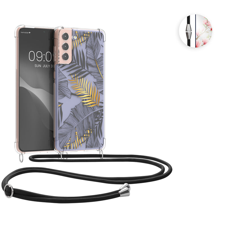 kwmobile Necklace Case kompatibel mit Samsung Galaxy S21 Plus Hülle - Silikon Cover mit Handykette - Gelb Grau Transparent Dschungel Gelb  [dsg02]