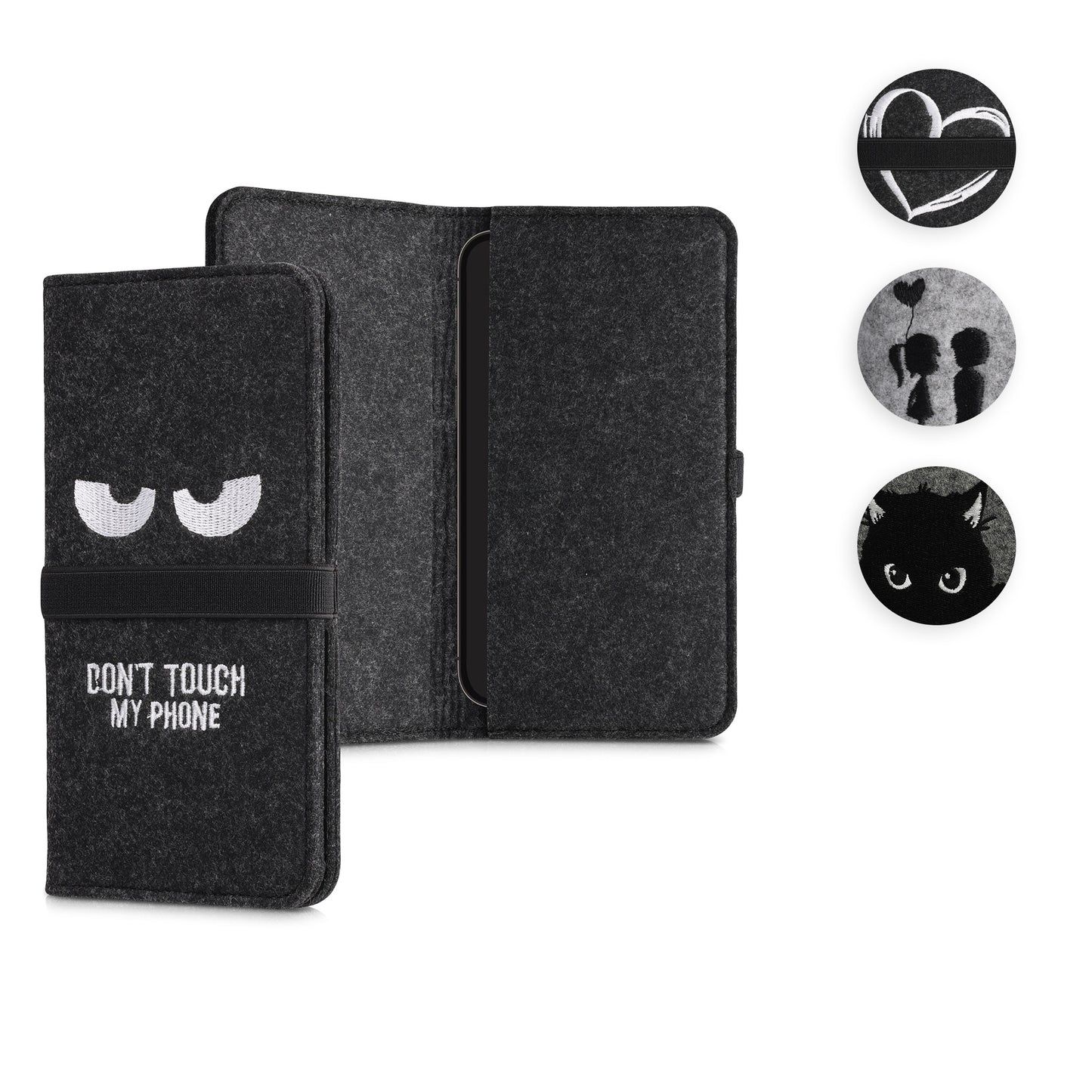 kwmobile Filz Tasche für Smartphones - mit Gummiband - Handy Filztasche Schutztasche Pusteblume Love Schwarz Hellgrau - 17,2 x 8 cm Innenmaße Schwarz  [dsg02]