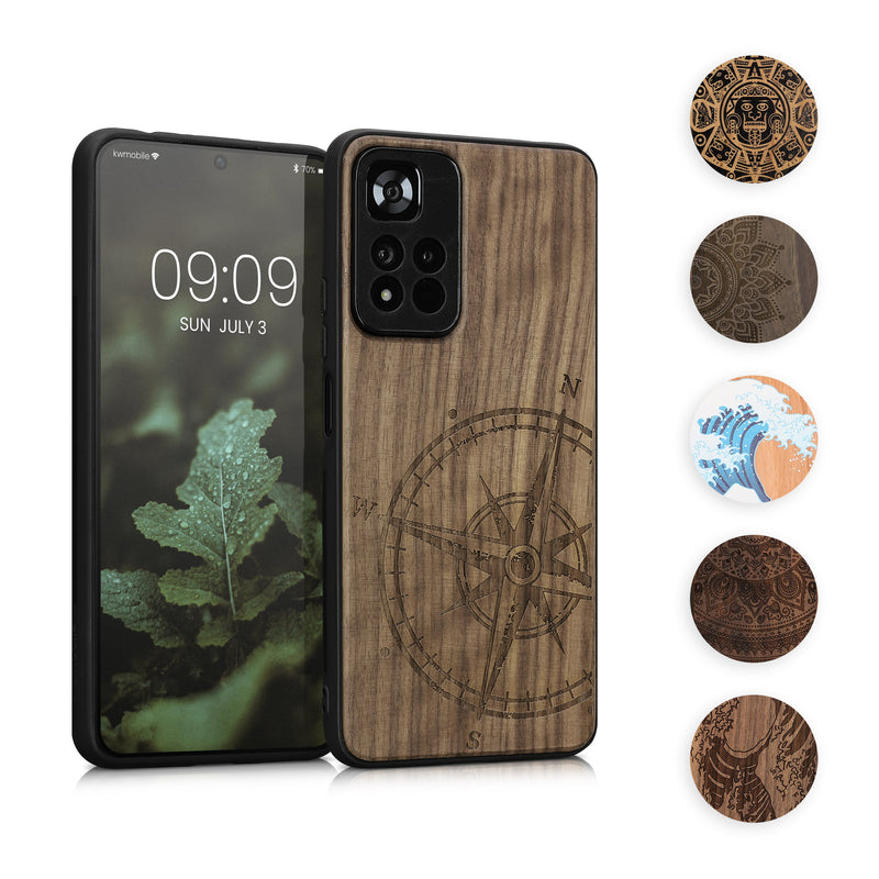 kwmobile Hülle kompatibel mit Xiaomi Redmi Note 11 Pro+ 5G / Note 11 Pro Plus 5G Hülle - Holz Case - Handy Cover - TPU Handyhülle in Blau Weiß Braun Holz Japanische Welle Blau  [dsg03]