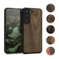 kwmobile Hülle kompatibel mit Samsung Galaxy S22 Hülle - Holz Case - Handy Cover - TPU Handyhülle in Dunkelbraun Perlmutt-Lavendel Dunkelbraun  [dsg09]