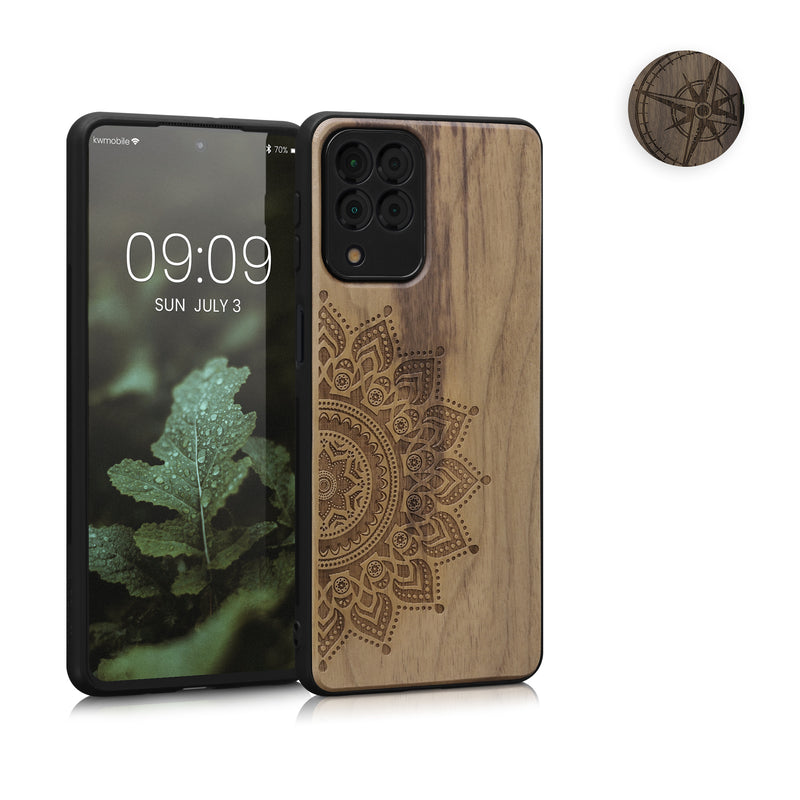 kwmobile Hülle kompatibel mit Samsung Galaxy M53 5G Hülle - Holz Case - Handy Cover - TPU Handyhülle in Dunkelbraun Kompass Vintage Dunkelbraun  [dsg02]