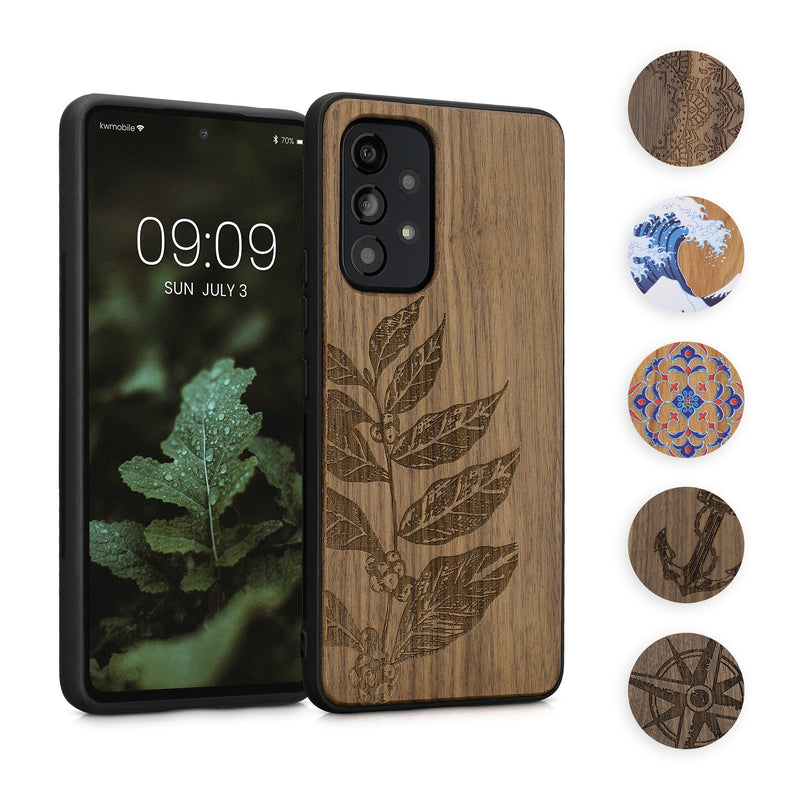 kwmobile Hülle kompatibel mit Samsung Galaxy A53 5G Hülle - Holz Case - Handy Cover - TPU Handyhülle in Dunkelbraun Halbblume Dunkelbraun  [dsg12]