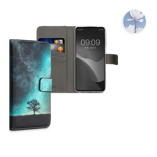 kwmobile Wallet Case kompatibel mit Motorola Moto G52 / Moto G82 5G Hülle - Cover mit Ständer und Kartenfächern - Galaxie Baum Wiese Blau Grau Schwarz Blau  [dsg01]