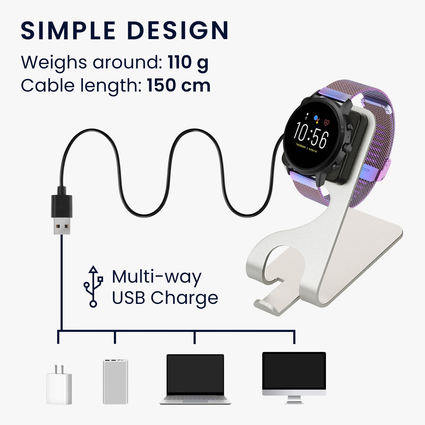 kwmobile USB Charger compatible with Fossil Gen 4 / Gen 5 / Michael Kors Runway MKT0002 - USB Cable Charger Stand - Smart Watch Charging Station - Charging Cable with Stand Function