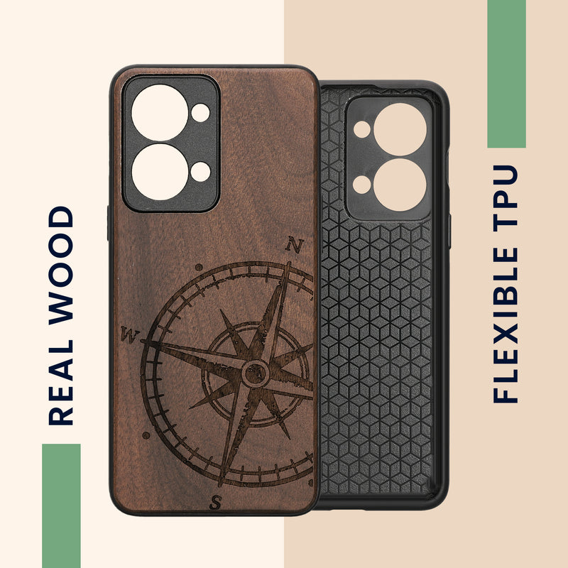 Wooden Hard Case with TPU Bumper for OnePlus Nord 2T 5G Compass Vintage