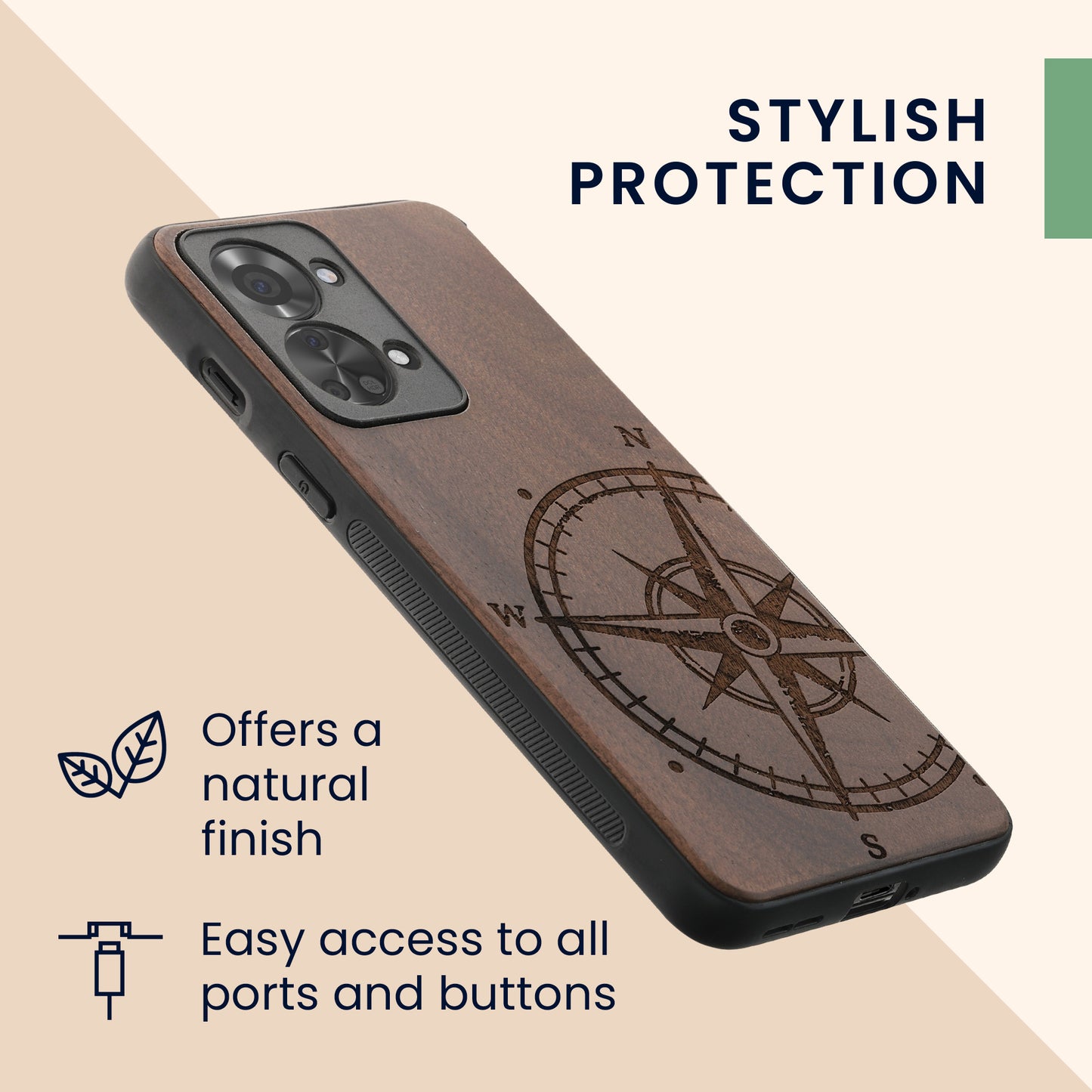 Wooden Hard Case with TPU Bumper for OnePlus Nord 2T 5G Compass Vintage