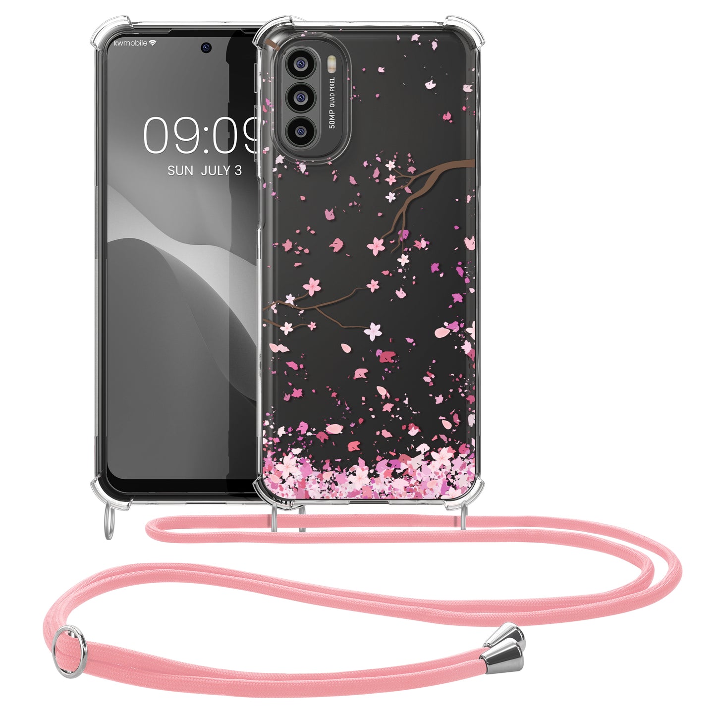 kwmobile Necklace Case Compatible with Motorola Moto G31 / Moto G41 Cover Silicone Case with Lanyard Transparent Cherry Blossom Petals