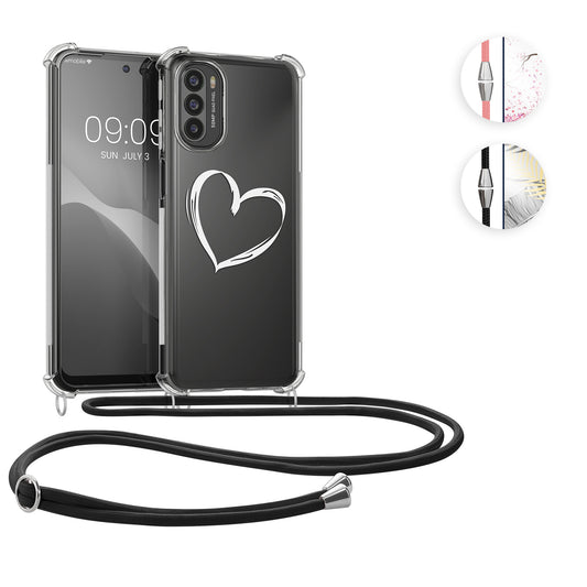 kwmobile Necklace Case kompatibel mit Motorola Moto G31 / Moto G41 Hülle - Silikon Cover mit Handykette - Rosa Dunkelbraun Transparent Kirschblütenblätter Rosa  [dsg02]