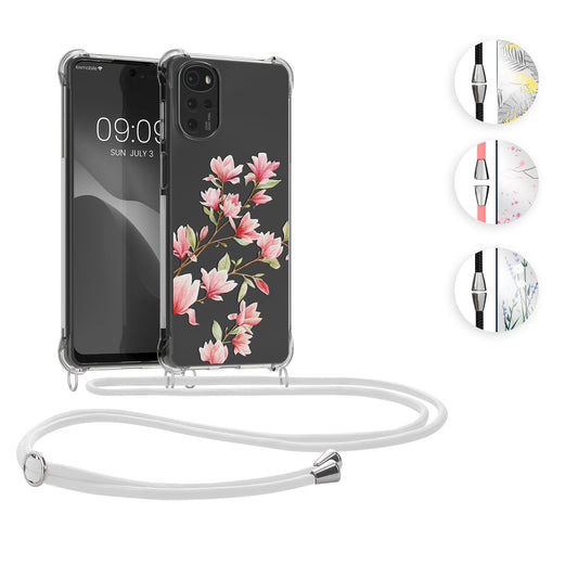 kwmobile Necklace Case kompatibel mit Motorola Moto G22 Hülle - Silikon Cover mit Handykette - Rosa Weiß Transparent Magnolien Rosa  [dsg03]