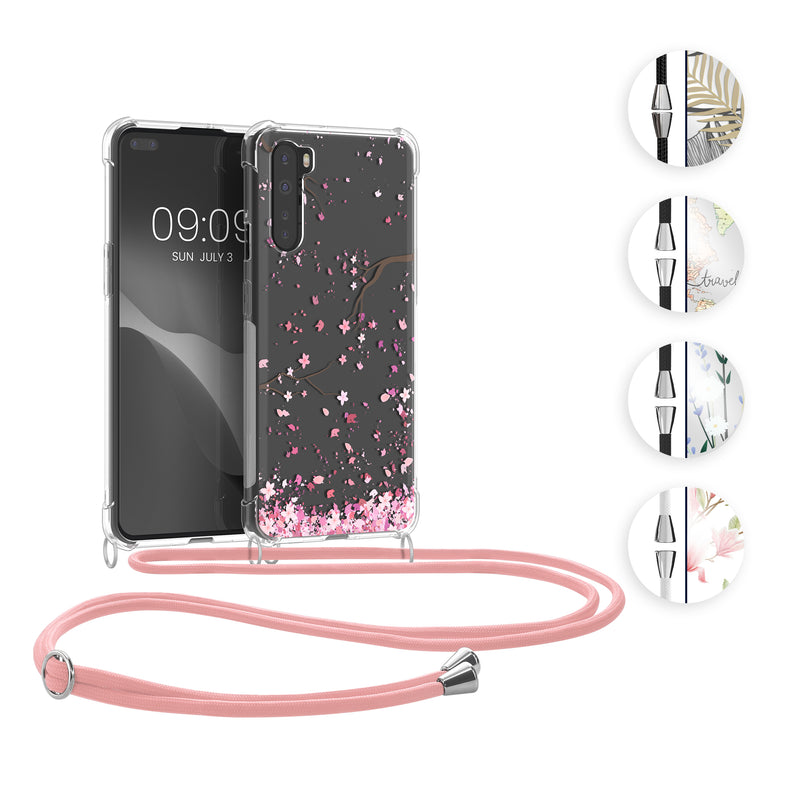 kwmobile Necklace Case kompatibel mit OnePlus Nord Hülle - Silikon Cover mit Handykette - Rosa Weiß Transparent Magnolien Rosa  [dsg05]