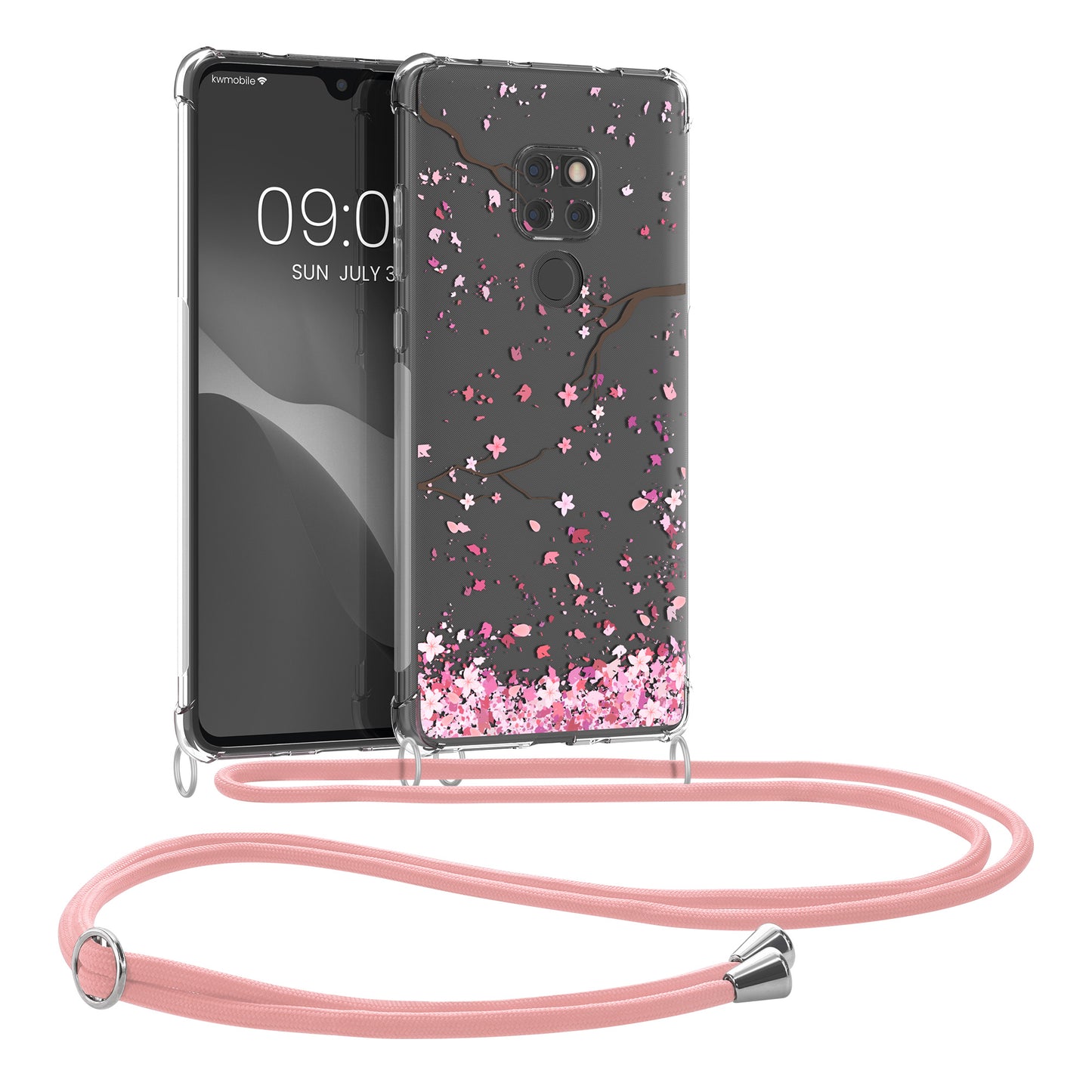 kwmobile Necklace Case compatible with Huawei Mate 20 Silicone Cover with Lanyard Cherry Blossom Leaves