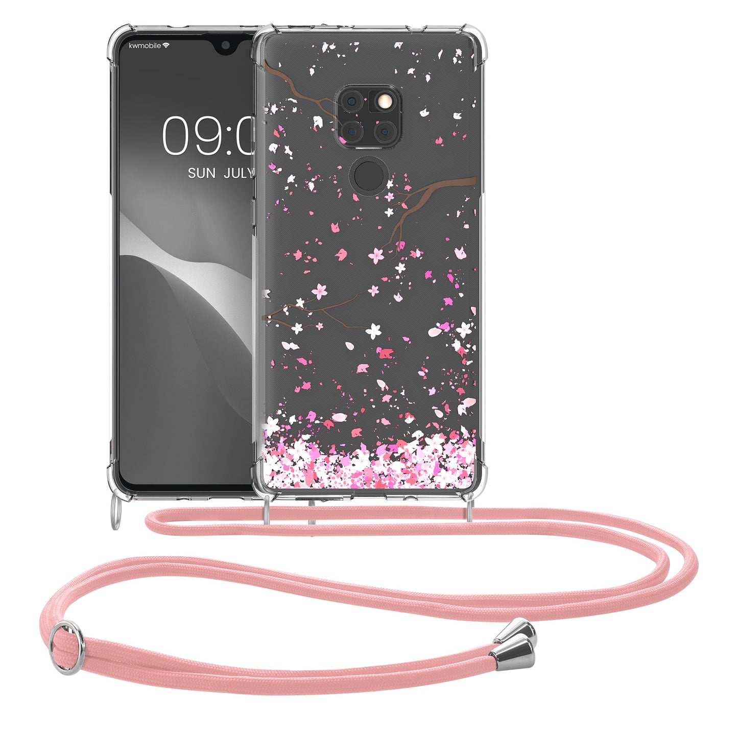 kwmobile Necklace Case compatible with Huawei Mate 20 Silicone Cover with Lanyard Cherry Blossom Leaves