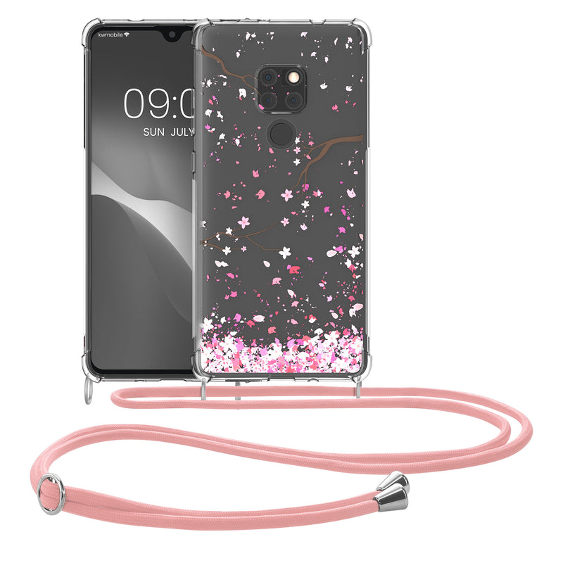 kwmobile Necklace Case compatible with Huawei Mate 20 Silicone Cover with Lanyard Cherry Blossom Leaves