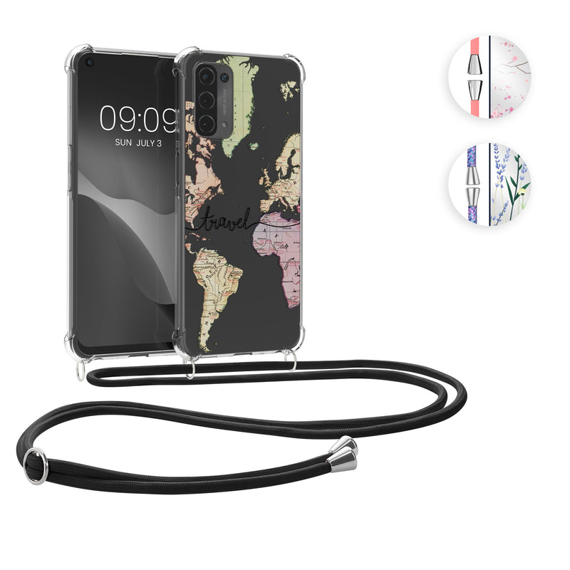 kwmobile Necklace Case kompatibel mit Oppo A74 (5G) / A54 (5G) Hülle - Silikon Cover mit Handykette - Rosa Dunkelbraun Transparent Kirschblütenblätter Rosa  [dsg01]