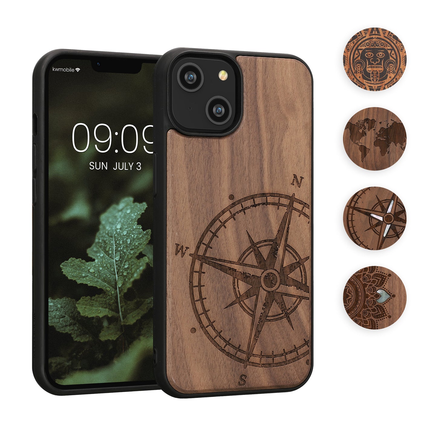 kwmobile Hülle kompatibel mit Apple iPhone 14 Hülle - Holz Case - Handy Cover - TPU Handyhülle in Dunkelbraun Aufgehende Sonne Perlmutt Dunkelbraun  [dsg06]
