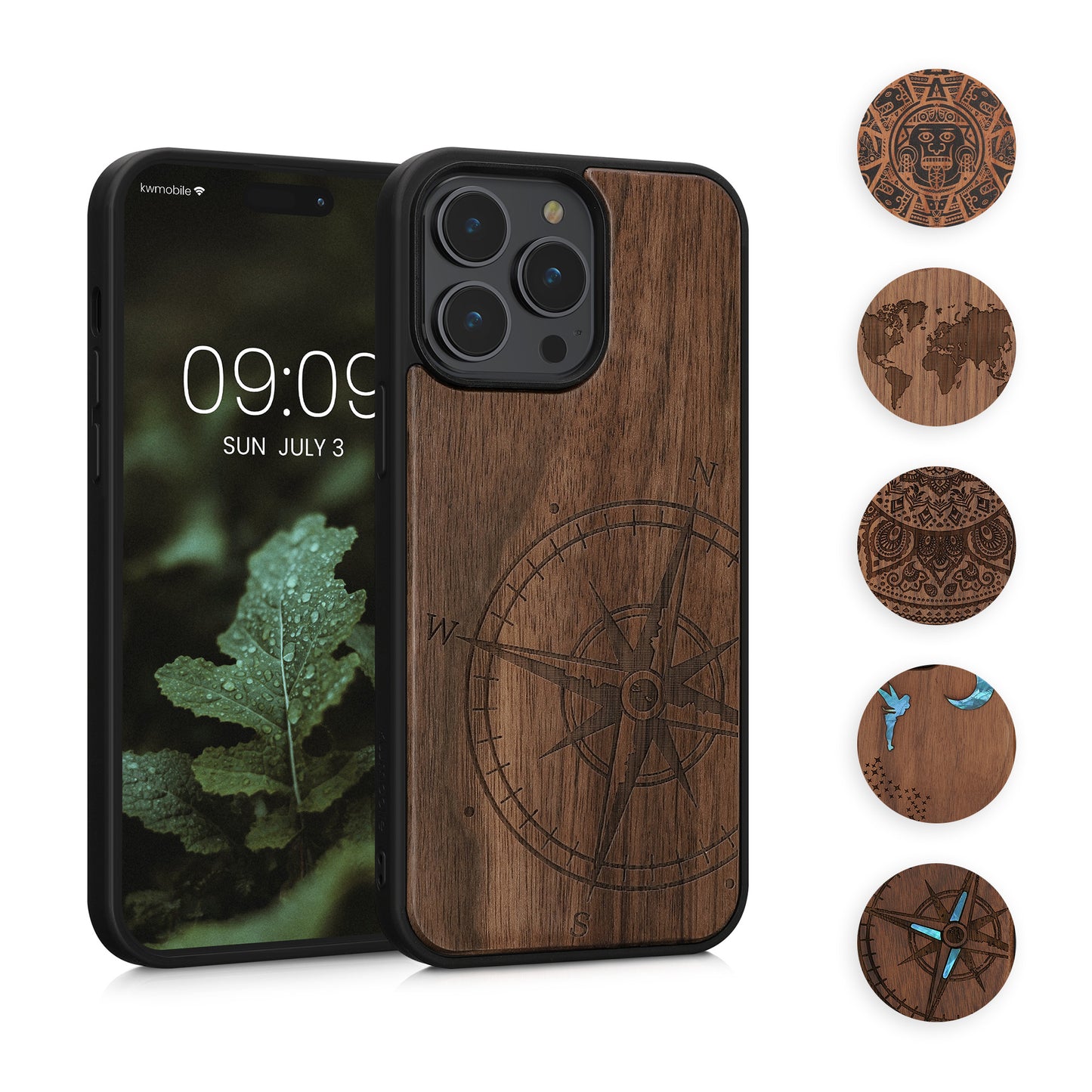 kwmobile Hülle kompatibel mit Apple iPhone 14 Pro Max Hülle - Holz Case - Handy Cover - TPU Handyhülle in Dunkelbraun Kompass Vintage Dunkelbraun  [dsg01]