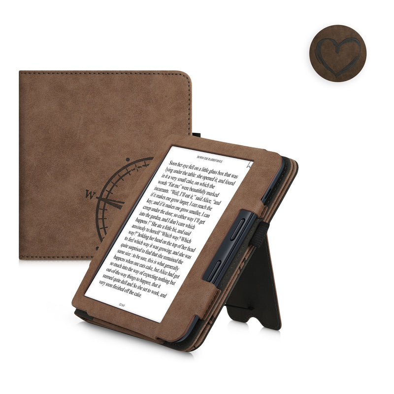 kwmobile Flip Hülle kompatibel mit Kobo Libra 2 - Cover Handschlaufe - Kompass Vintage Braun Braun  [dsg01]