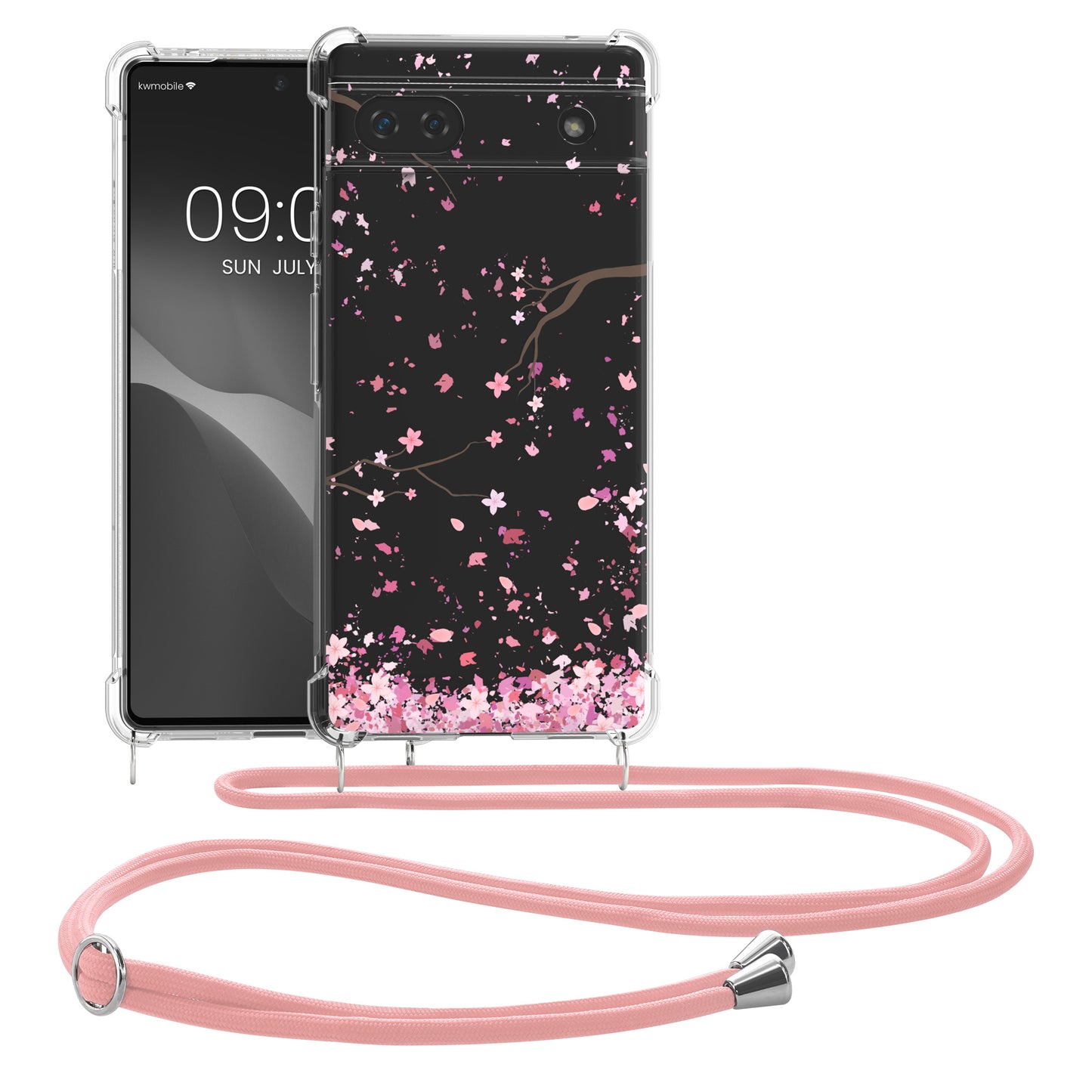 kwmobile Necklace Case compatible with Google Pixel 6a Silicone Cover with Phone Chain Cherry Blossom Petals