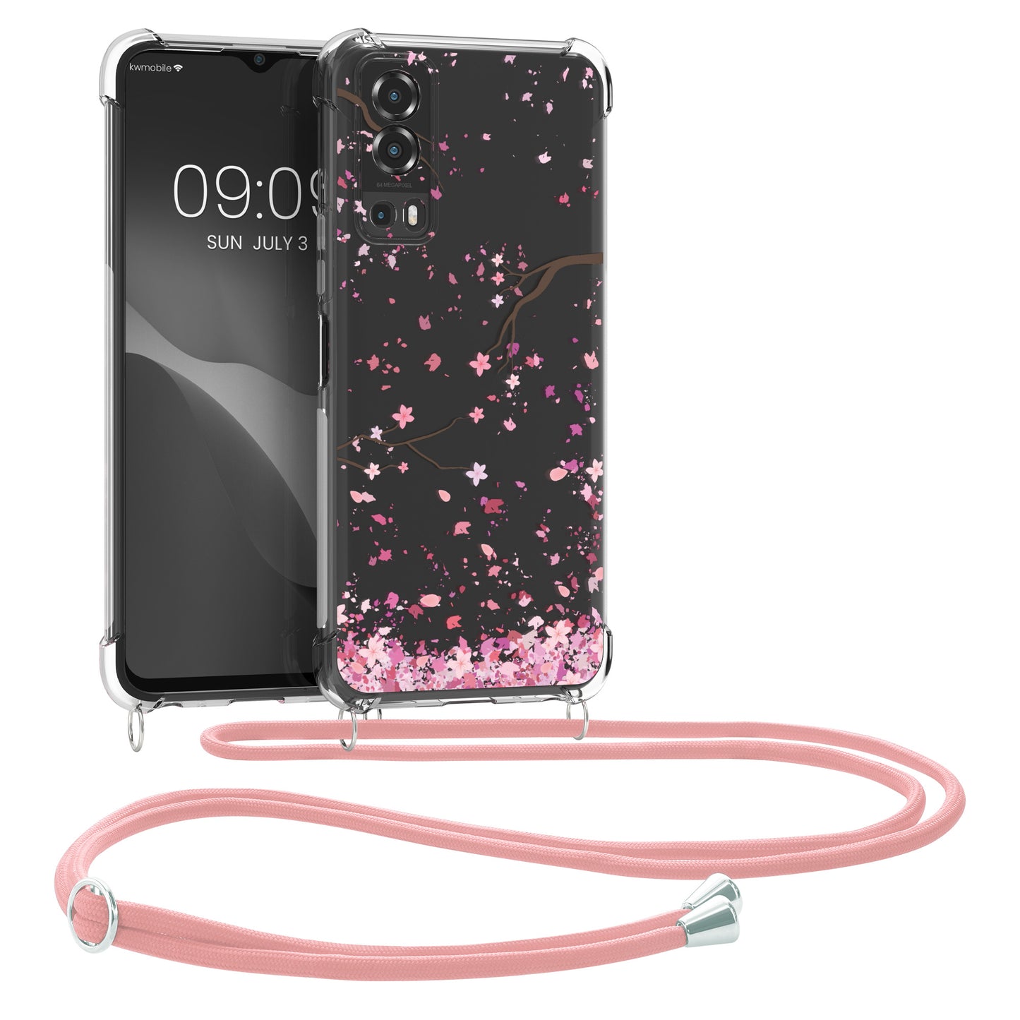 kwmobile Necklace Case compatible with Vivo Y72 5G / Y52 5G Cover Silicone Case with Lanyard Transparent Cherry Blossom Petals