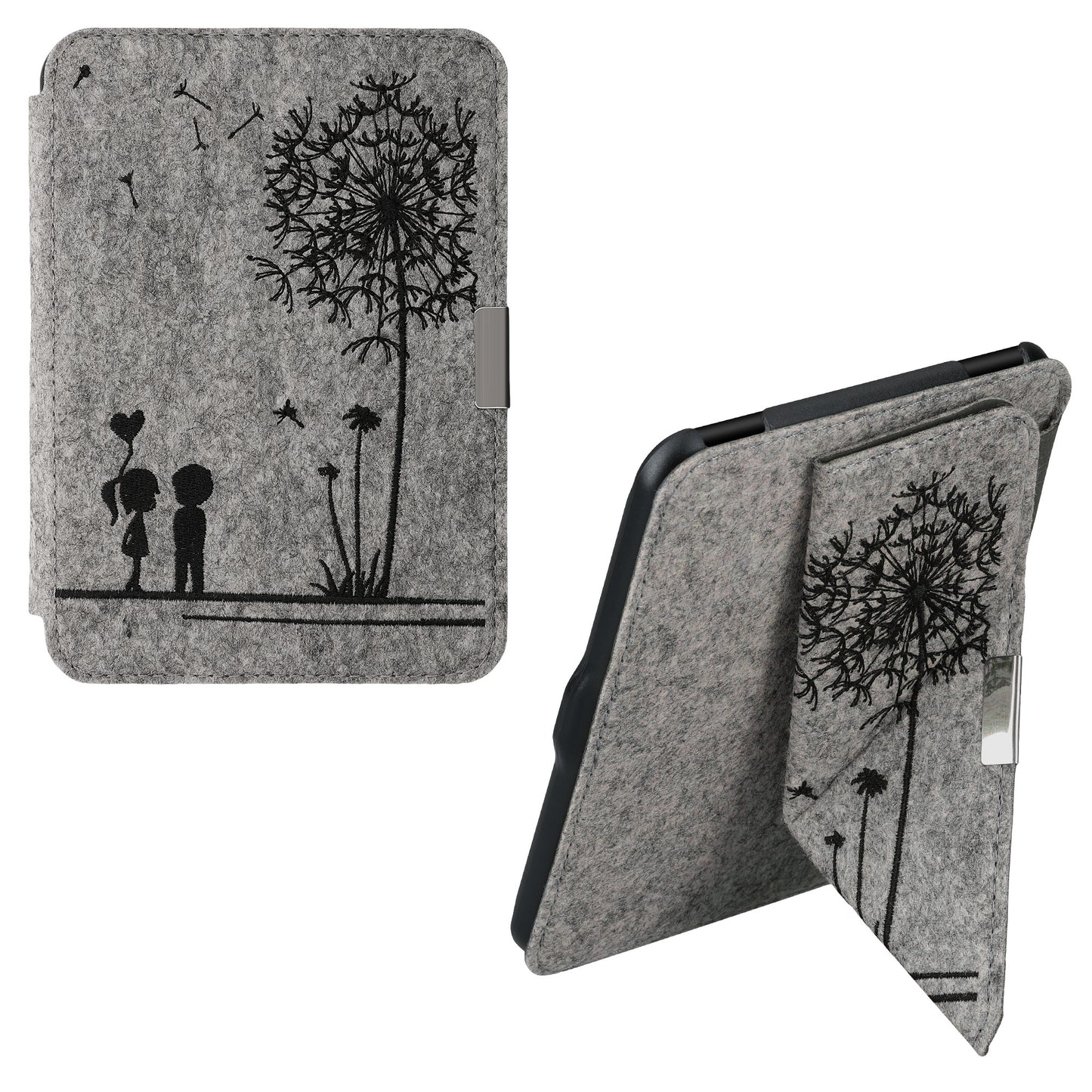 kwmobile Filz Hülle kompatibel mit Tolino Vision 1 / 2 / 3 / 4 HD - Cover eReader Case mit Standfunktion Magnetverschluss - Schwarz Hellgrau Pusteblume Love Schwarz  [dsg01]