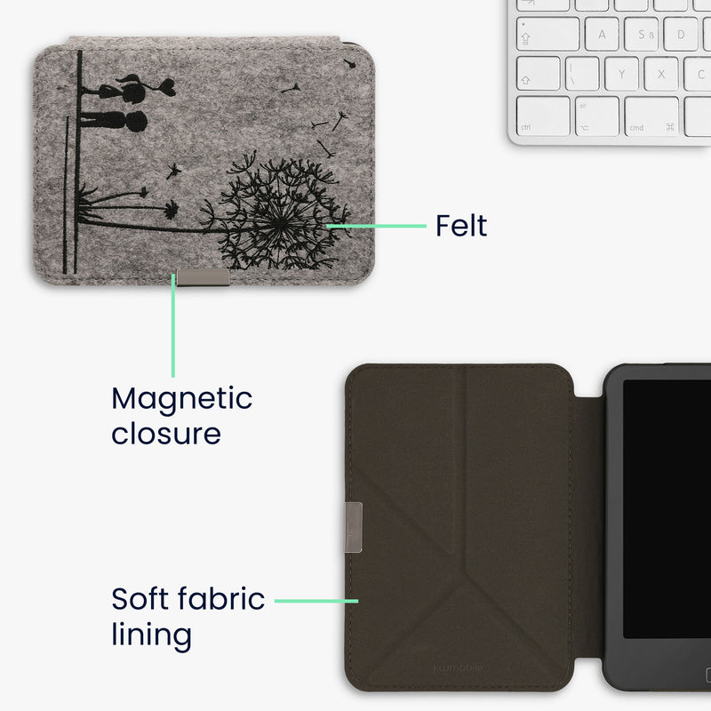 kwmobile Felt Case Compatible with Tolino Vision 1 / 2 / 3 / 4 HD Cover eReader Case with Stand Function Magnetic Closure