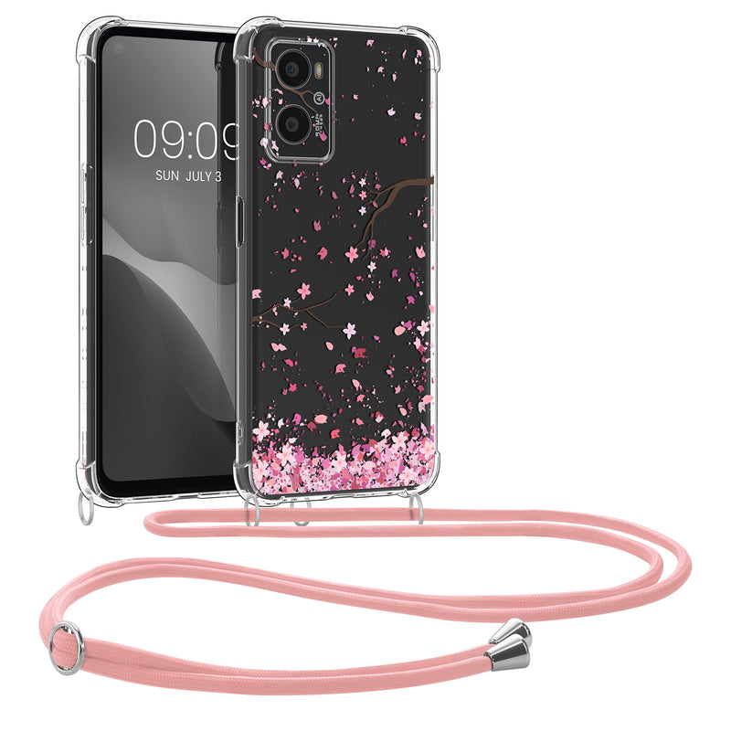 kwmobile Necklace Case compatible with Oppo A76 / A96 Silicone Cover with Phone Chain Cherry Blossom Petals