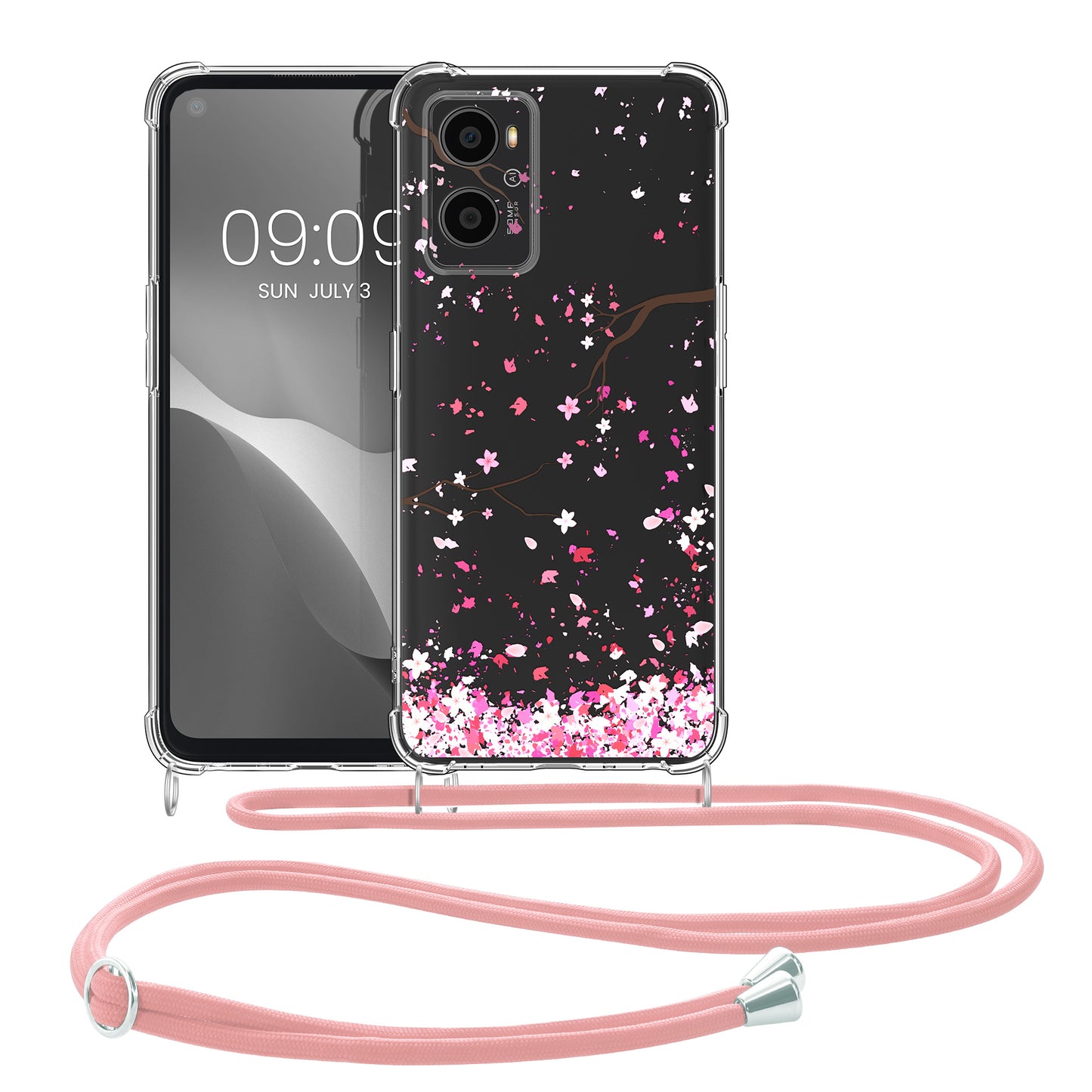 kwmobile Necklace Case compatible with Oppo A76 / A96 Silicone Cover with Phone Chain Cherry Blossom Petals