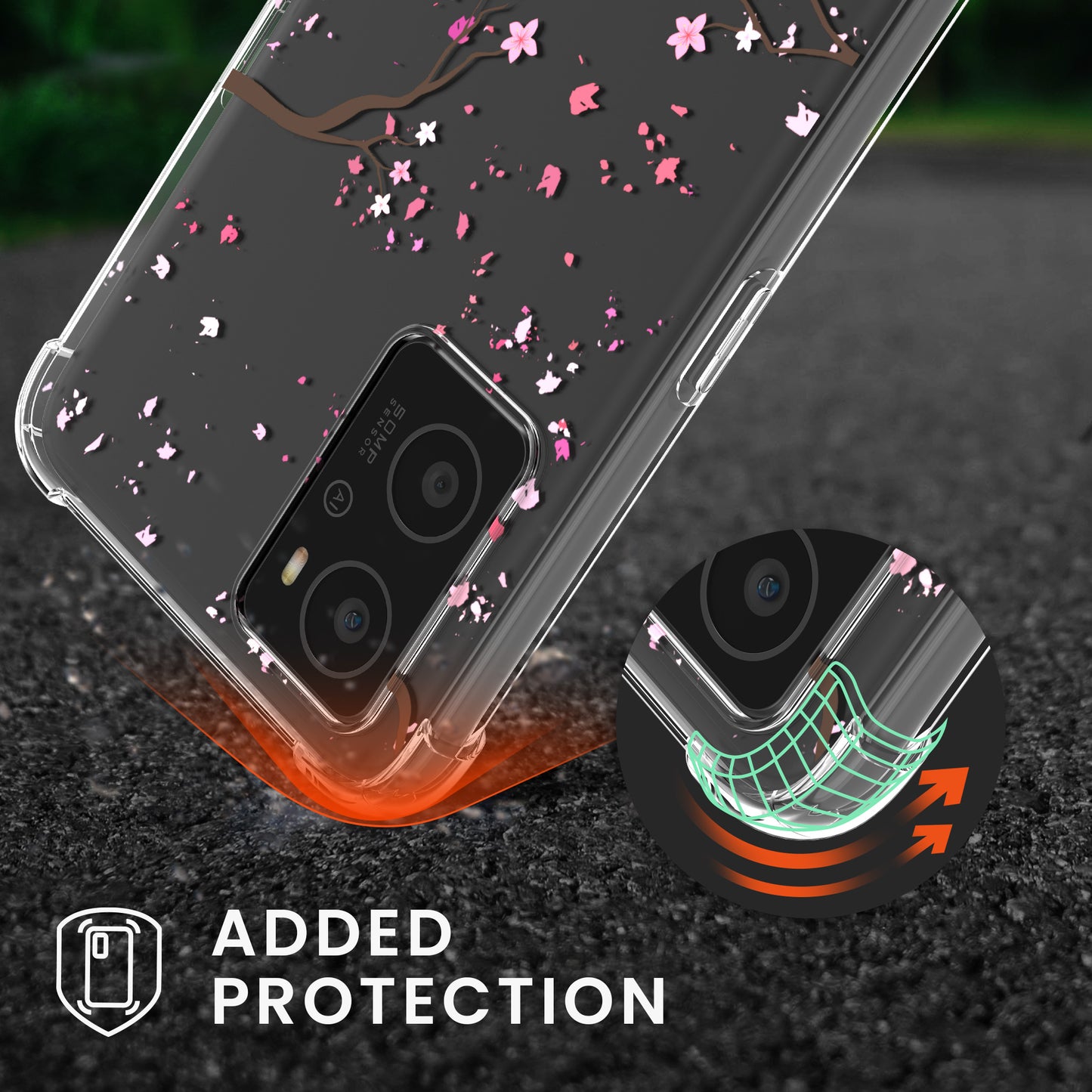 kwmobile Necklace Case compatible with Oppo A76 / A96 Silicone Cover with Phone Chain Cherry Blossom Petals