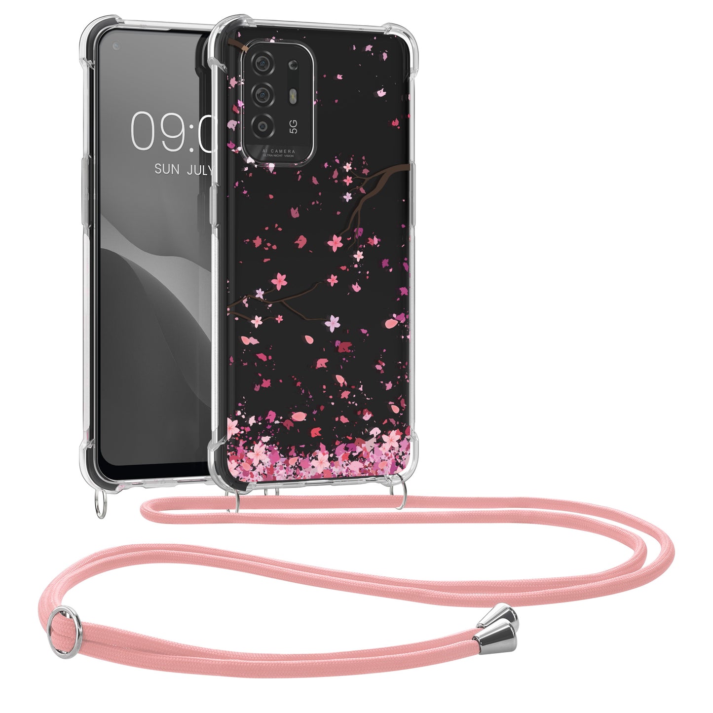 kwmobile Necklace Case compatible with Oppo A94 (5G) Silicone Cover with Phone Chain Cherry Blossom Petals