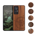 kwmobile Hülle kompatibel mit Xiaomi 12T / 12T Pro Hülle - Holz Case - Handy Cover - TPU Handyhülle in Dunkelbraun Vintage Kompass mit Perlmutt Dunkelbraun  [dsg03]