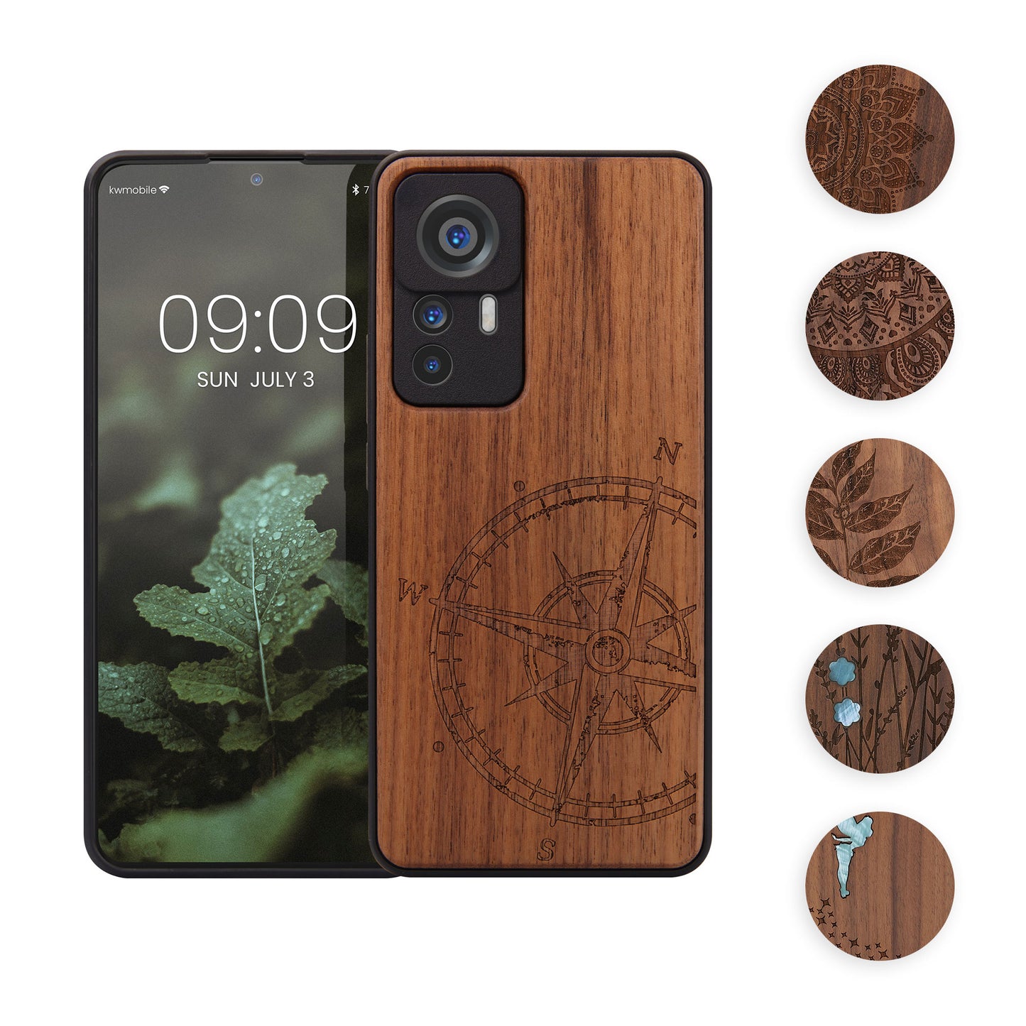 kwmobile Hülle kompatibel mit Xiaomi 12T / 12T Pro Hülle - Holz Case - Handy Cover - TPU Handyhülle in Dunkelbraun Vintage Kompass mit Perlmutt Dunkelbraun  [dsg03]
