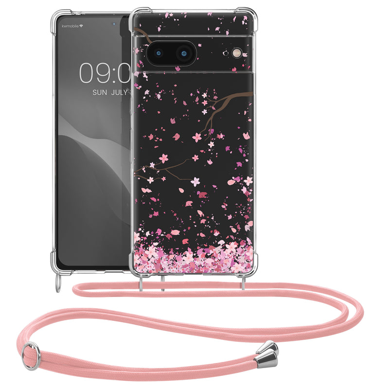 kwmobile Necklace Case Compatible with Google Pixel 7 Silicone Cover with Phone Chain Cherry Blossom Leaves