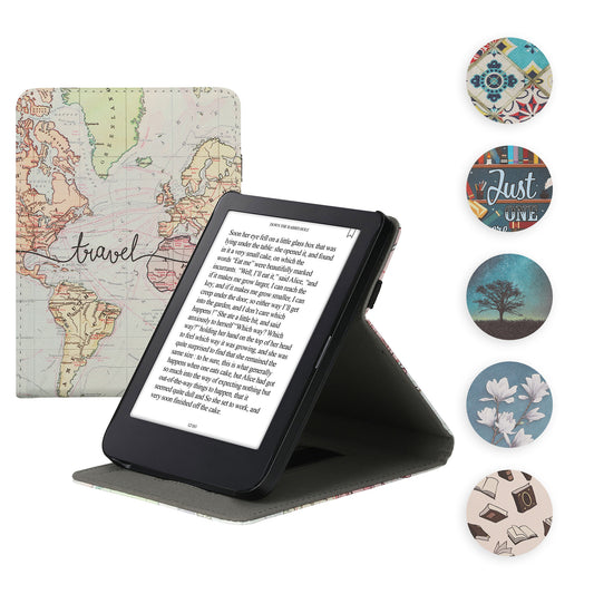 kwmobile Hülle kompatibel mit Kobo Clara 2E / Tolino Shine 4 Hülle - Case mit Schlaufe und Ständer - Bücher und Seiten Beige Braun Gold Beige  [dsg07]
