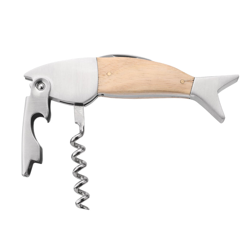 kwmobile Wine Opener in Fish Design - Wood & Stainless Steel Waiter's Corkscrew - Bottle Opener with Corkscrew - Sommelier Knife in Fish Shape