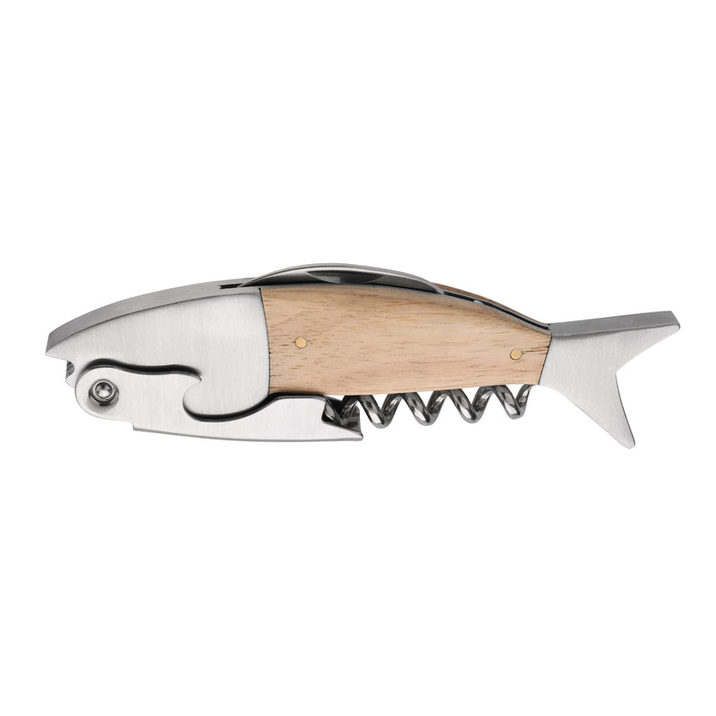 kwmobile Wine Opener in Fish Design - Wood & Stainless Steel Waiter's Corkscrew - Bottle Opener with Corkscrew - Sommelier Knife in Fish Shape
