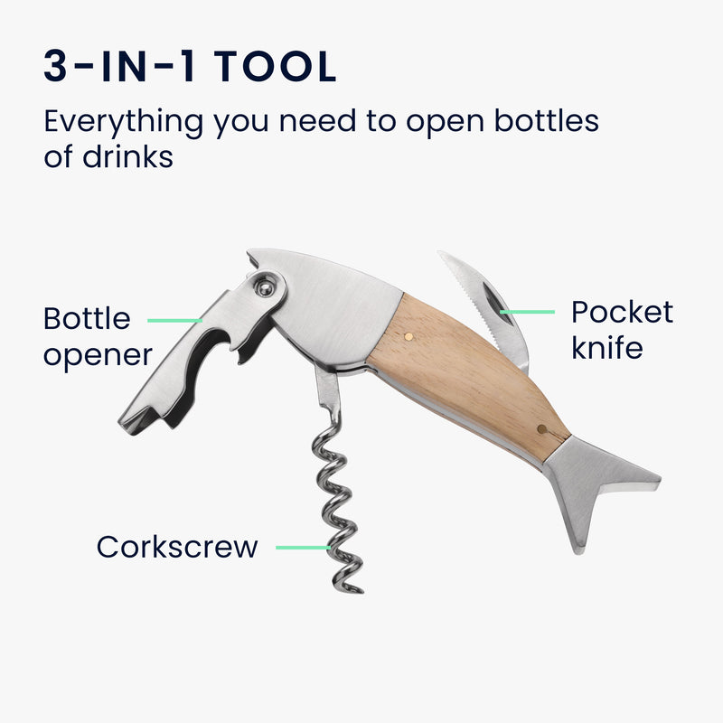 kwmobile Wine Opener in Fish Design - Wood & Stainless Steel Waiter's Corkscrew - Bottle Opener with Corkscrew - Sommelier Knife in Fish Shape