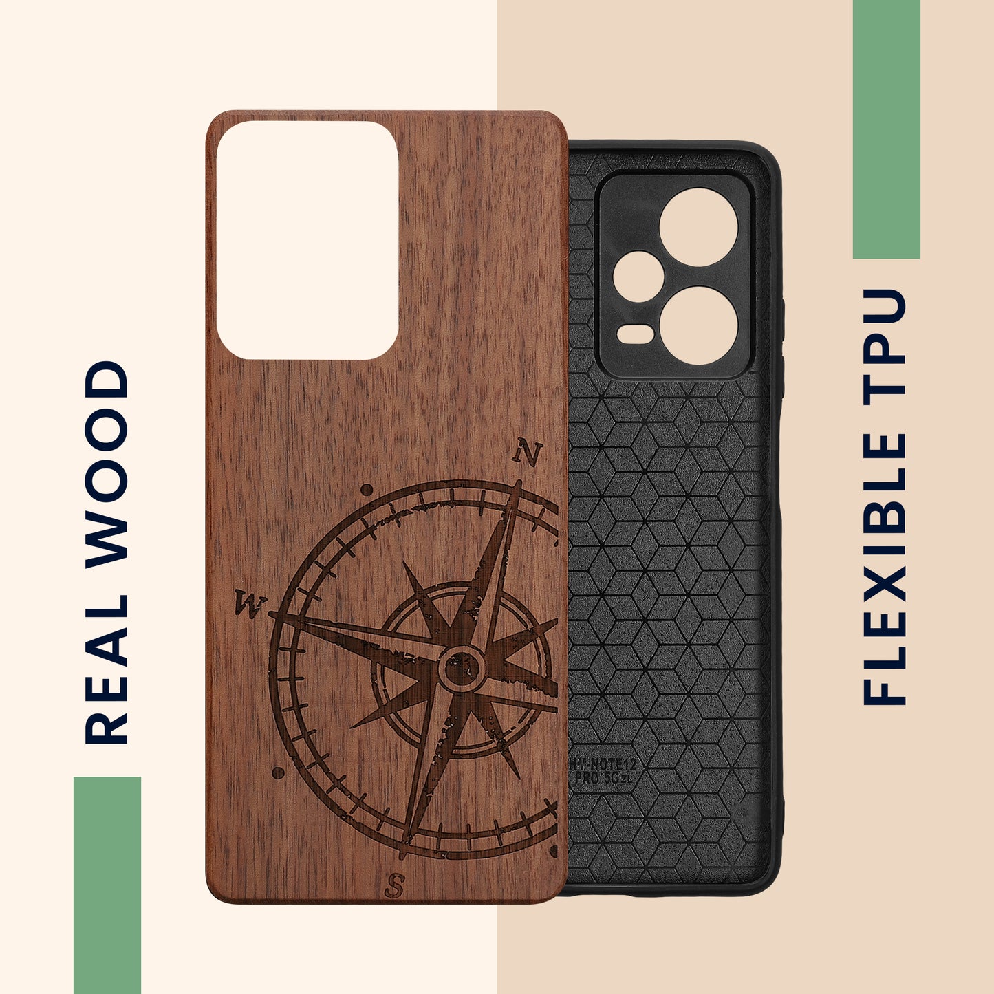 Wooden Hard Case with TPU Bumper for Xiaomi Redmi Note 12 Pro 5G Vintage Compass with Mother of Pearl