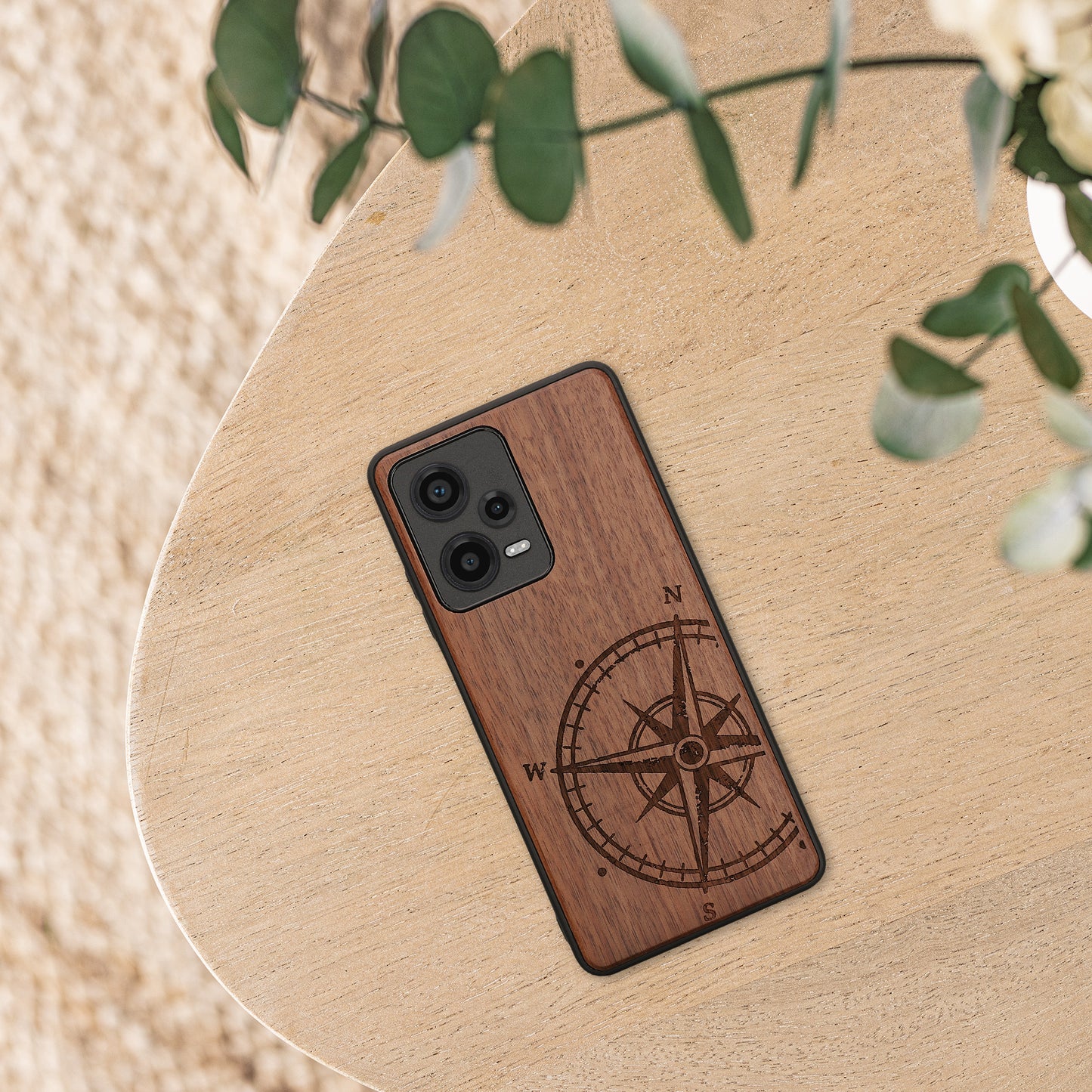 Wooden Hard Case with TPU Bumper for Xiaomi Redmi Note 12 Pro 5G Vintage Compass with Mother of Pearl