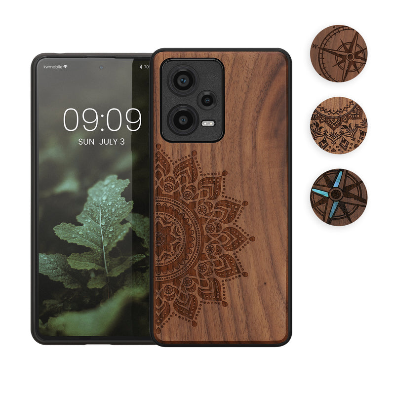kwmobile Hülle kompatibel mit Xiaomi Redmi Note 12 Pro+ 5G / Note 12 Pro Plus 5G Hülle - Holz Case - Handy Cover - TPU Handyhülle in Dunkelbraun Vintage Kompass mit Perlmutt Dunkelbraun  [dsg04]