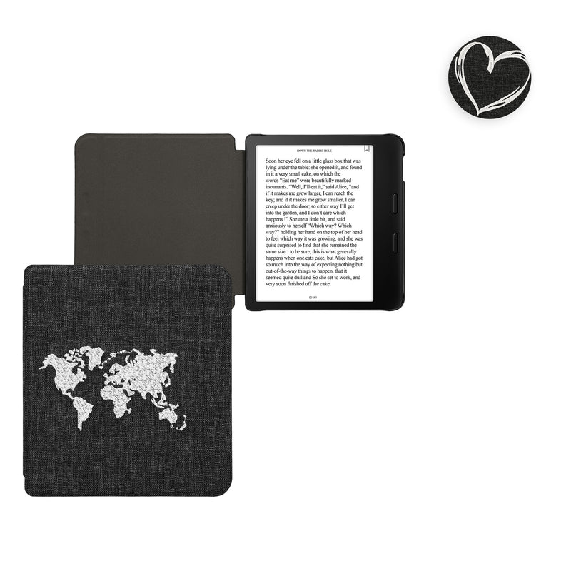 kwmobile Hülle kompatibel mit Kobo Libra 2 Cover - eReader Schutzhülle aus Stoff - Case Travel Umriss Weiß Dunkelgrau Weiß  [dsg01]