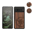 kwmobile Hülle kompatibel mit Google Pixel 7 Hülle - Holz Case - Handy Cover - TPU Handyhülle in Dunkelbraun Vintage Kompass mit Perlmutt Dunkelbraun  [dsg04]