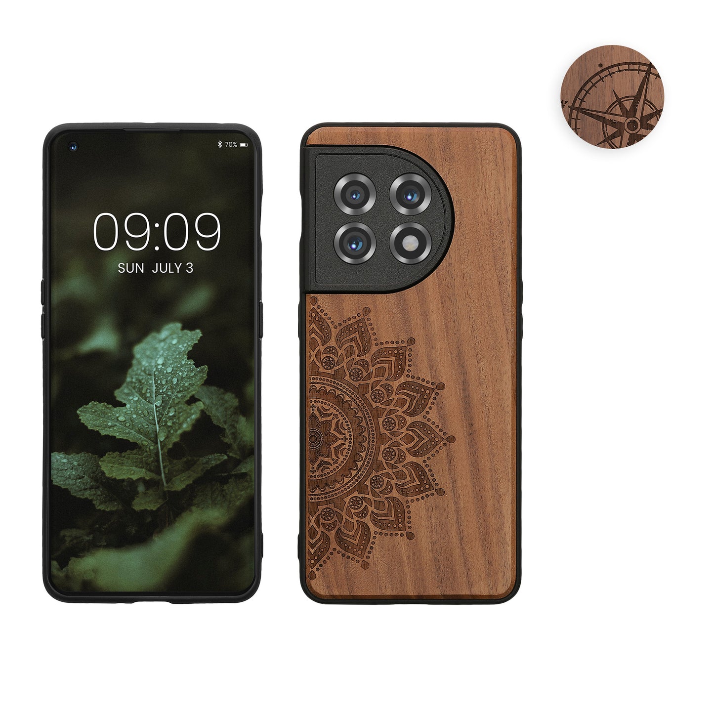kwmobile Hülle kompatibel mit OnePlus 11 Hülle - Holz Case - Handy Cover - TPU Handyhülle in Dunkelbraun Aufgehende Sonne Dunkelbraun  [dsg02]