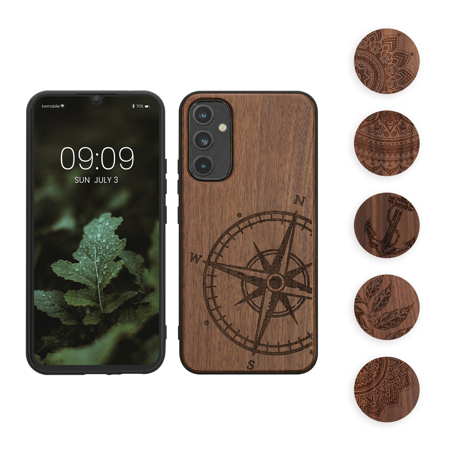 kwmobile Hülle kompatibel mit Samsung Galaxy A34 5G Hülle - Holz Case - Handy Cover - TPU Handyhülle in Dunkelbraun Kompass Vintage Dunkelbraun  [dsg01]